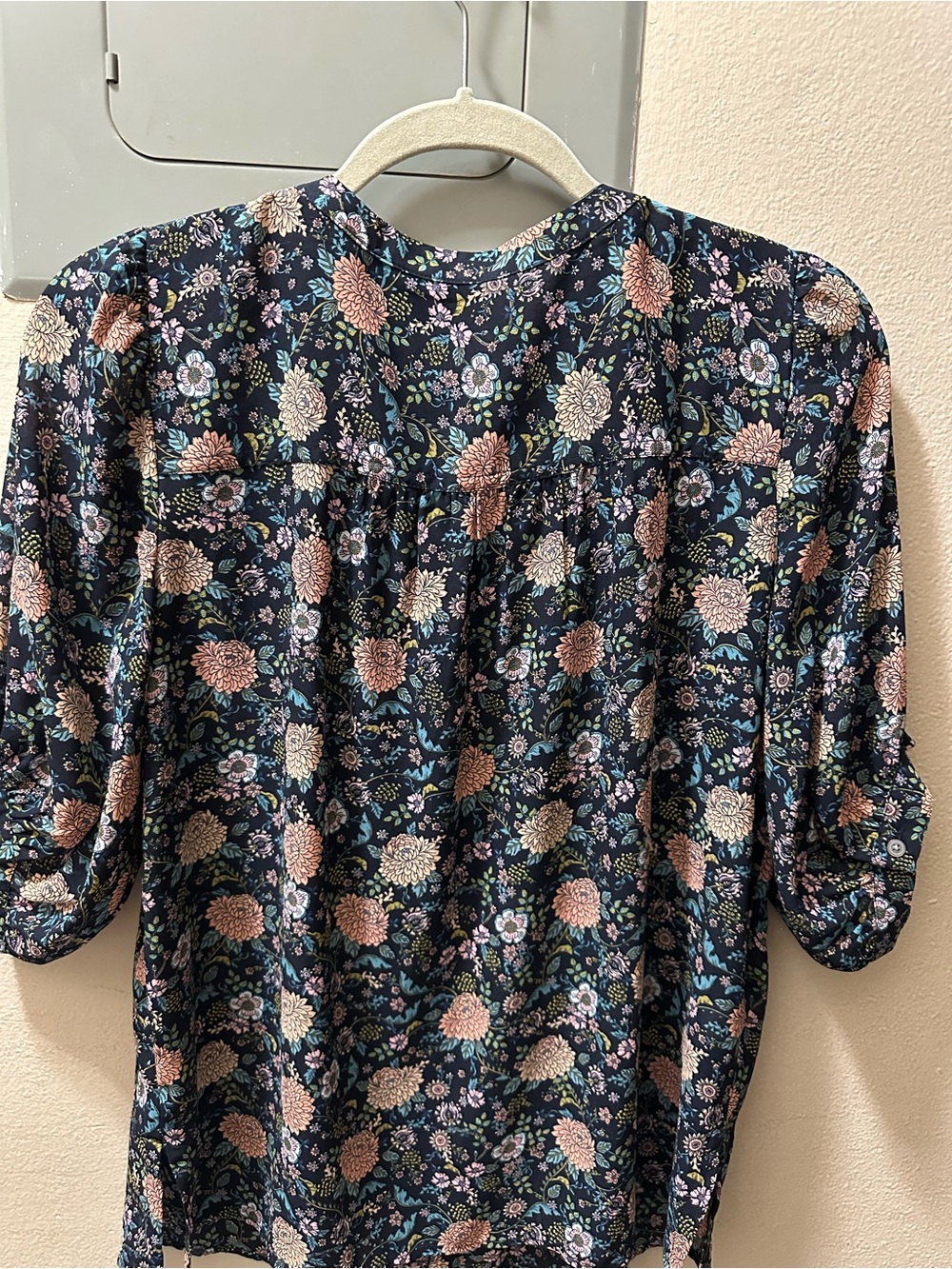LOFT Navy Floral Blouse with Pink and Cream Blooms